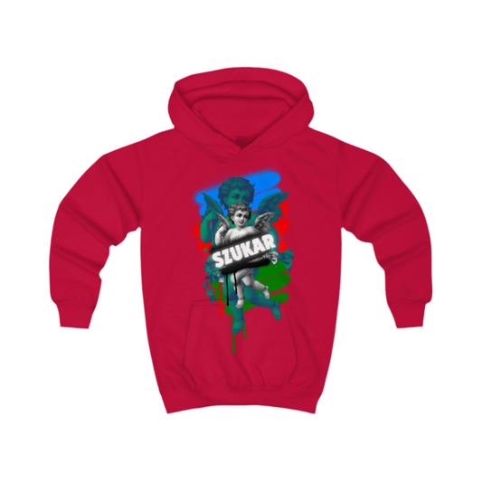 Red hoodie with graphic design on a white background