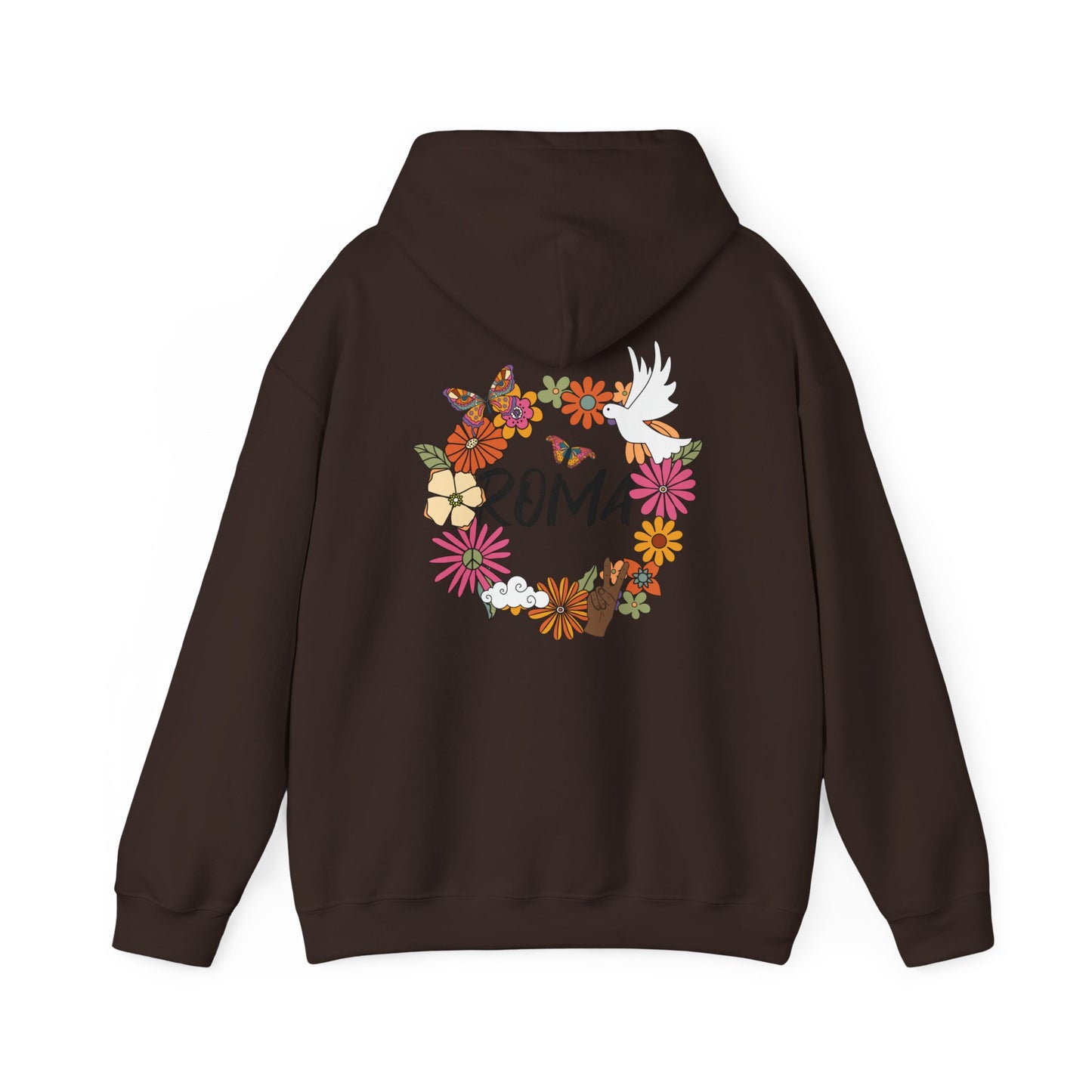 Casual hoodie with a detailed floral wreath surrounding a peaceful dove, with “ROMA” text elegantly placed inside.