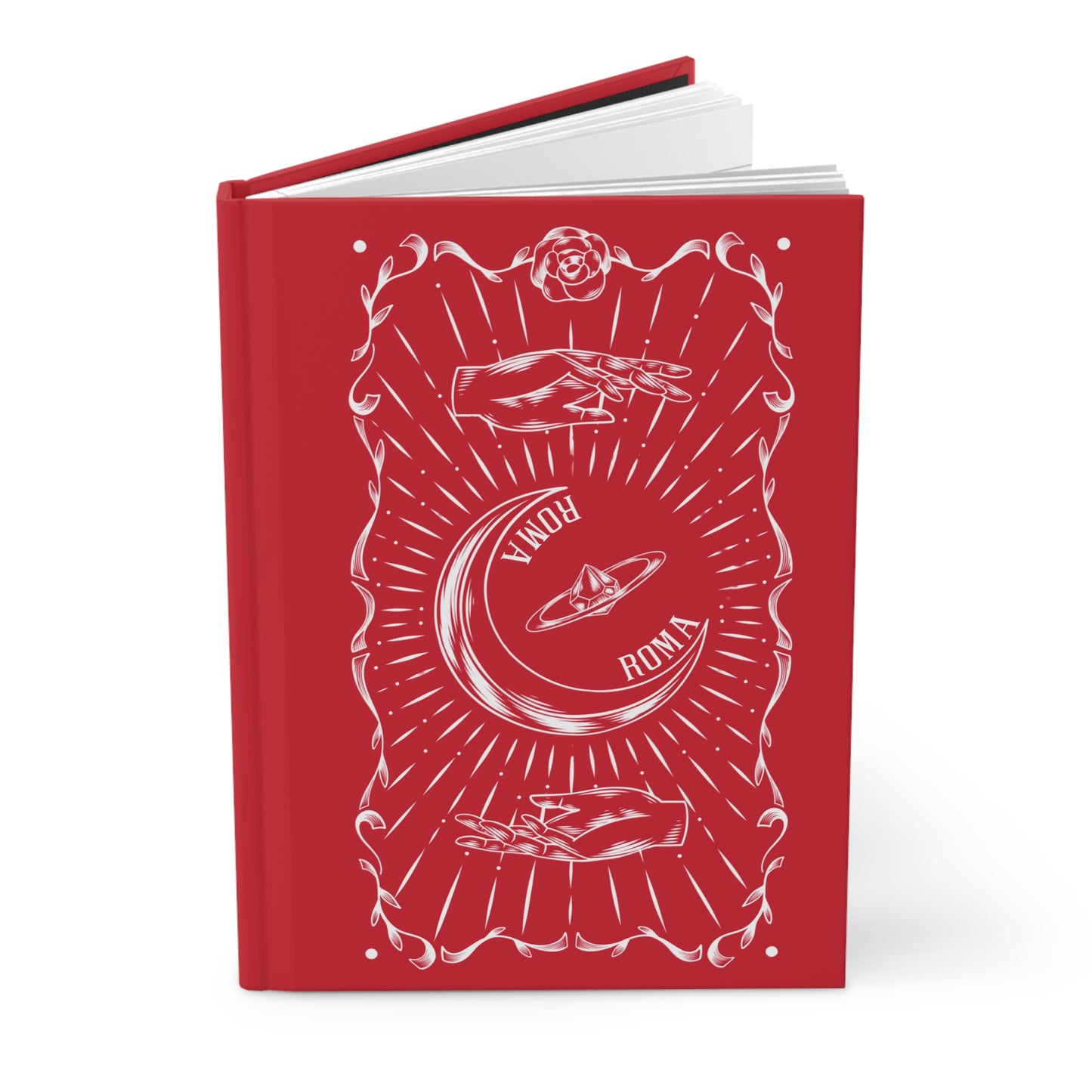 Aesthetic journal featuring radiant red circle and metallic gold crown ring in Roma style.