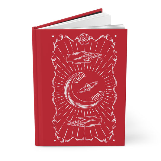 Aesthetic journal featuring radiant red circle and metallic gold crown ring in Roma style.