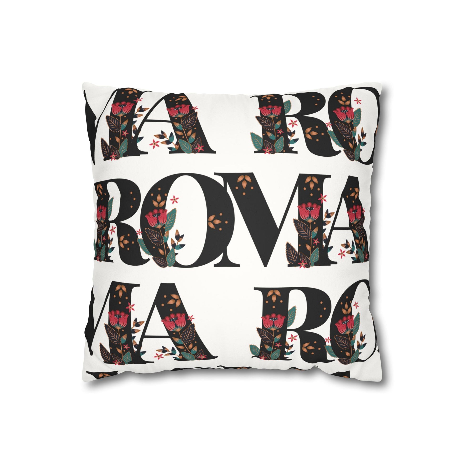Home décor pillow with striking ROMA text print on plain white background.