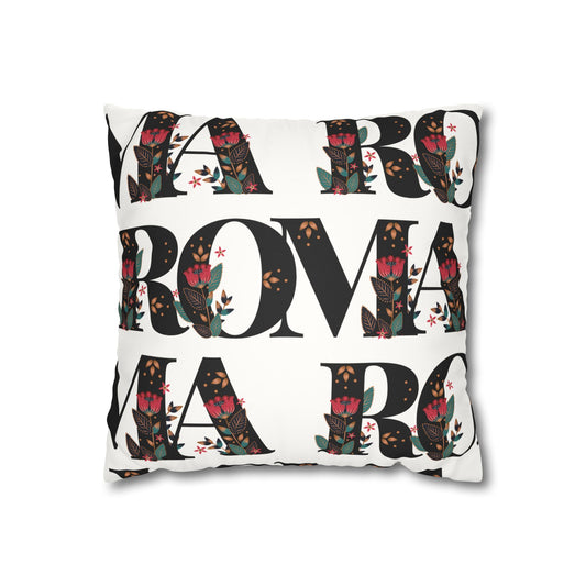 Home décor pillow with striking ROMA text print on plain white background.