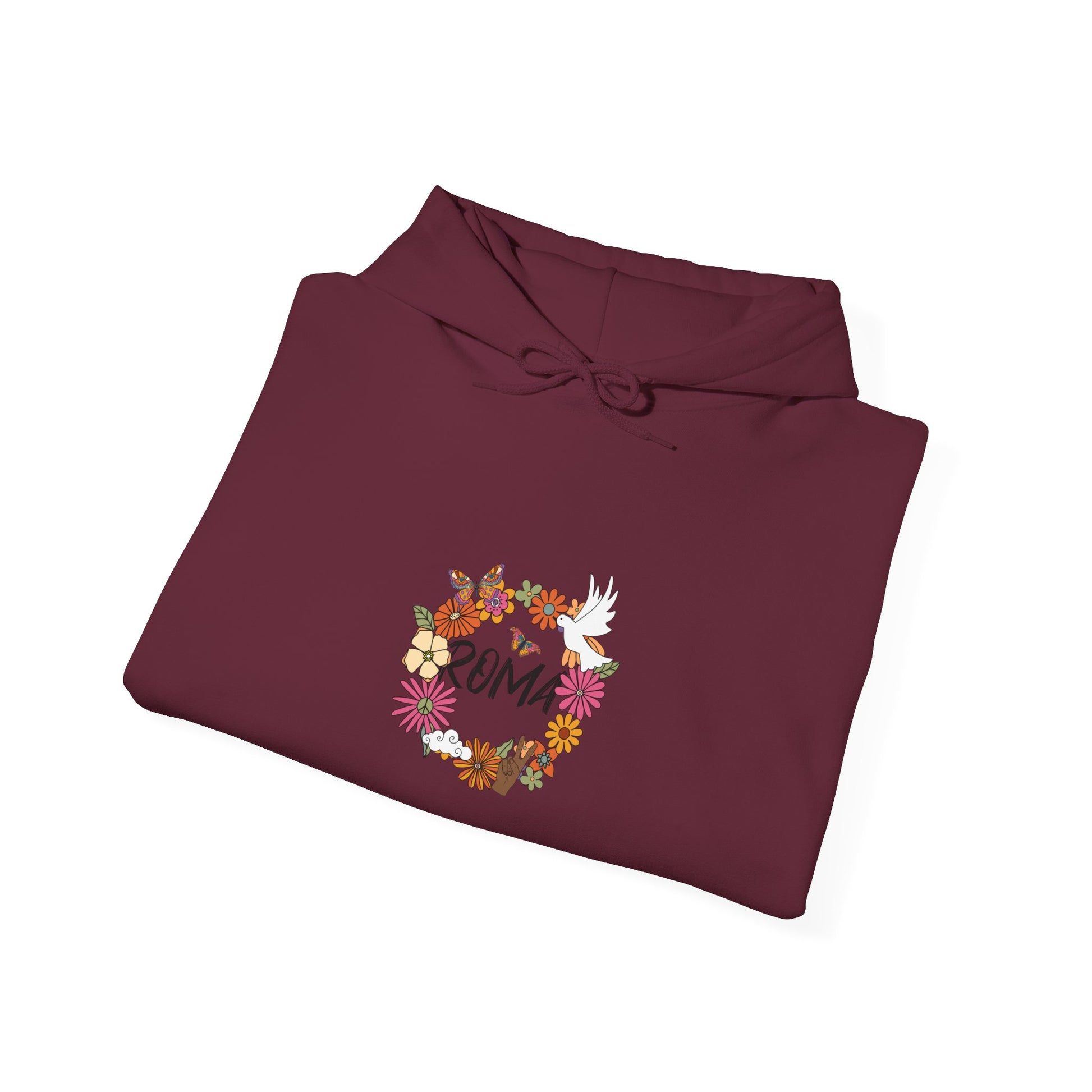 Soft hoodie featuring a ring of blossoms forming a circle with a dove in flight and “ROMA” text inside the floral frame.

