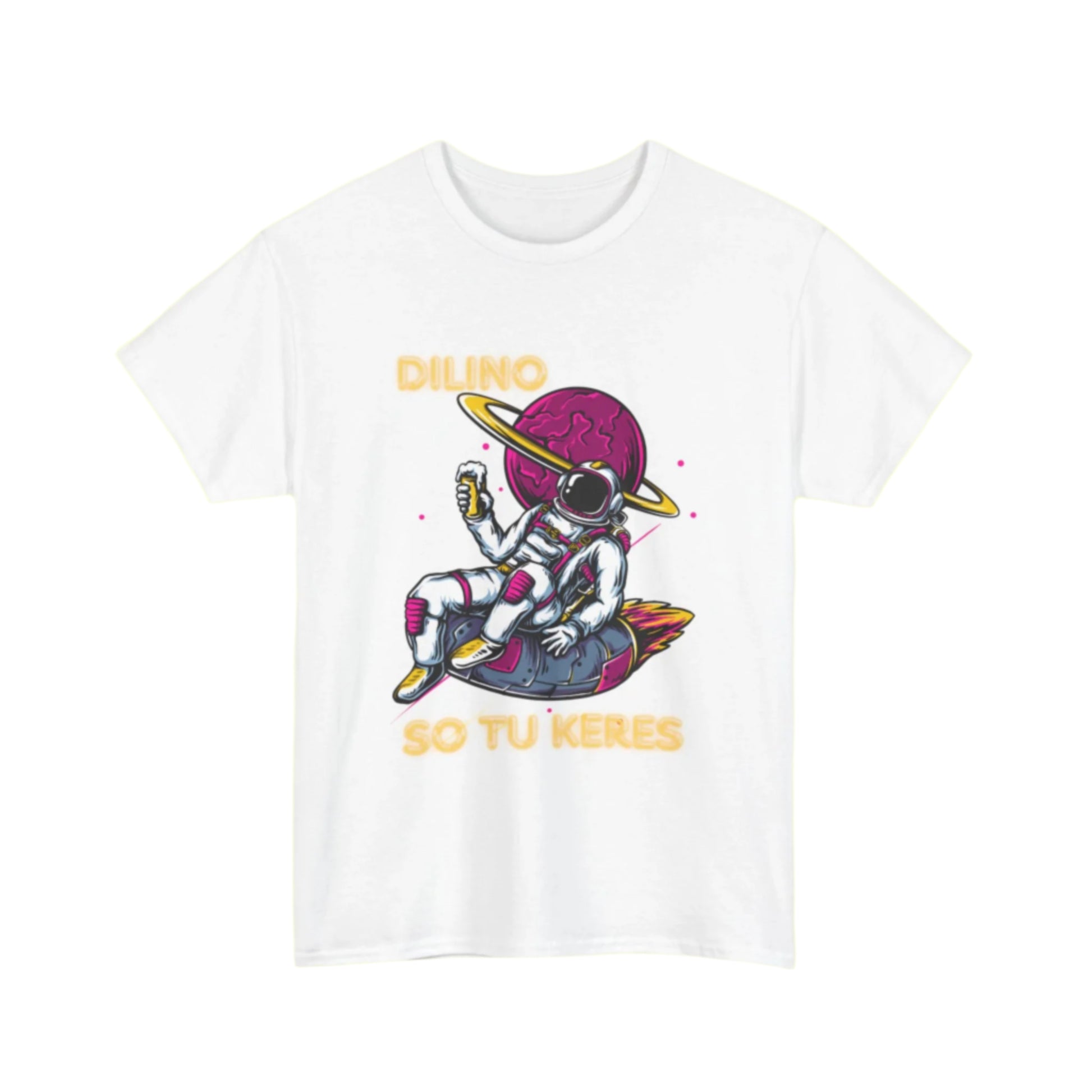 Comfortable cotton tee with ‘DILINO’ text, nastrabnout image, and ‘SO TU KERES’ text below.