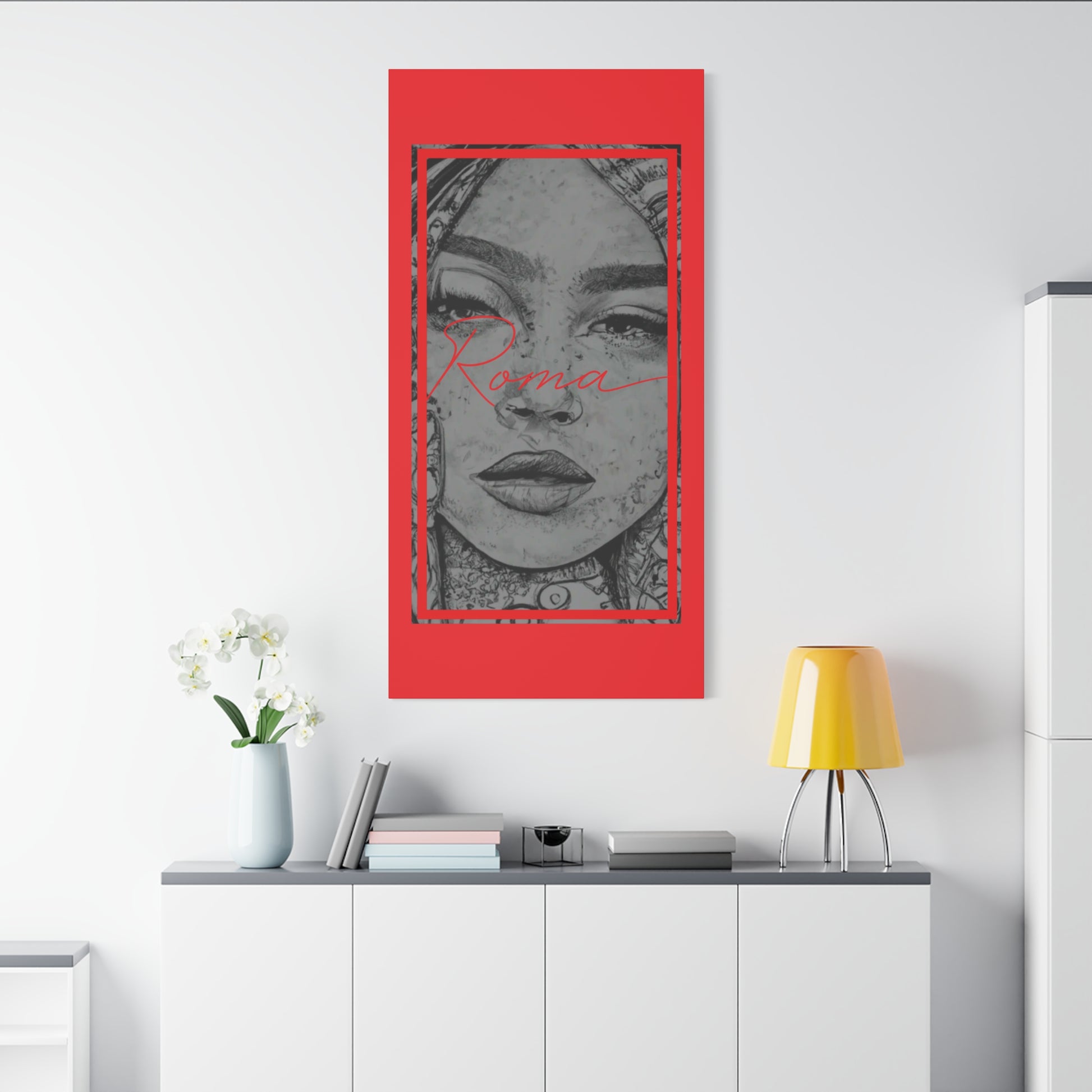 Modern portrait canvas of a girl's vulnerable expression, paired with artistic ROMA typography.