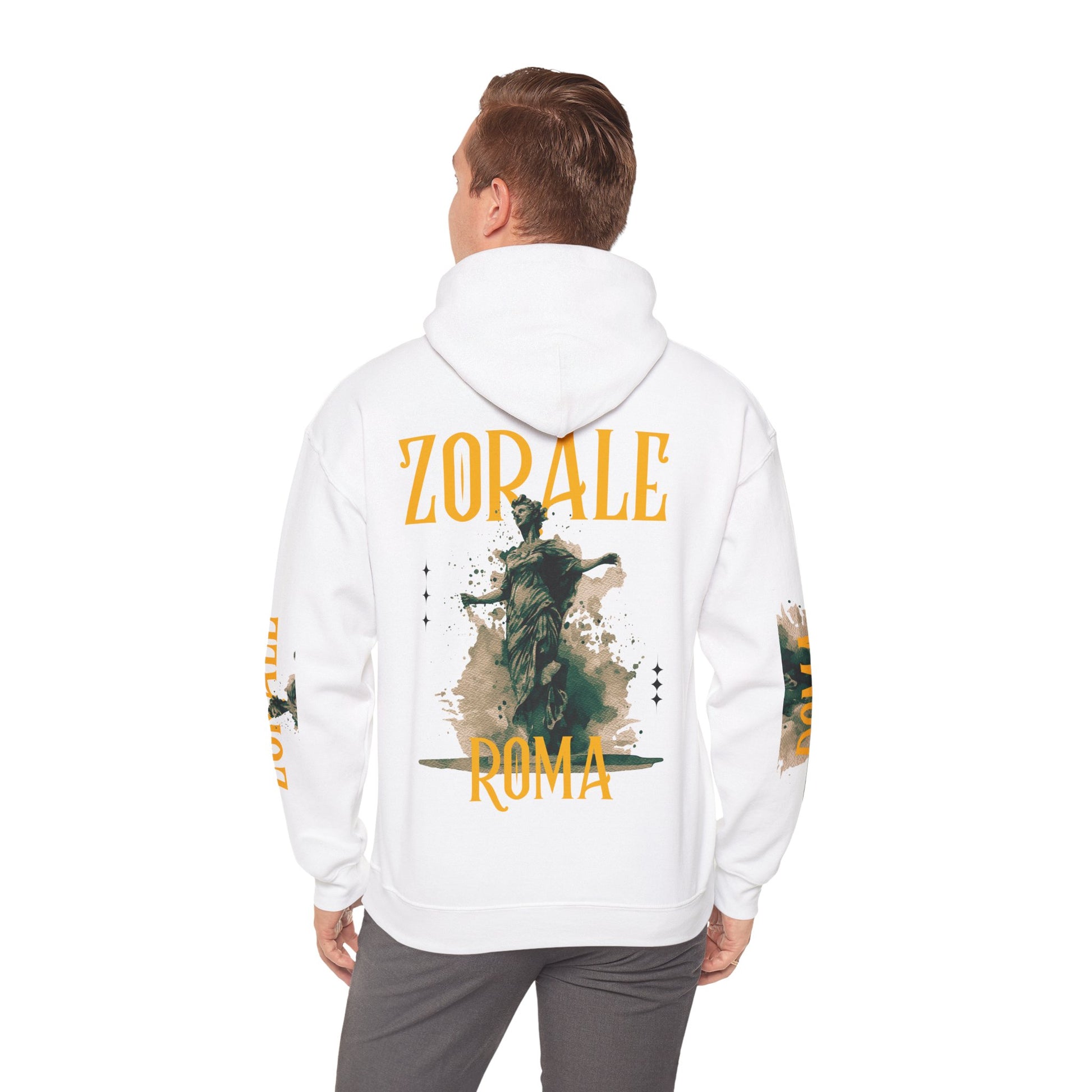 Hoodie design centered with a symbolic ZORALE TEXT with a ROMA featuring SZUKAR ROMA.
