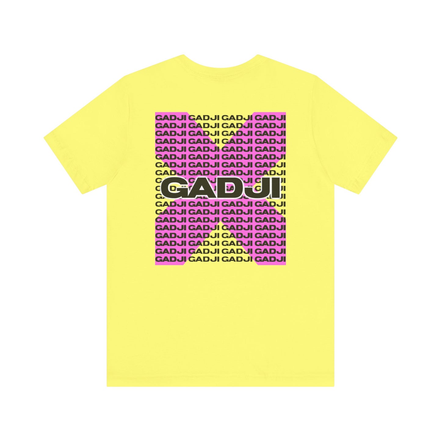 T-shirt featuring GADJI text in rough-hewn stone style with a subtle faded overlay for vintage effect.
