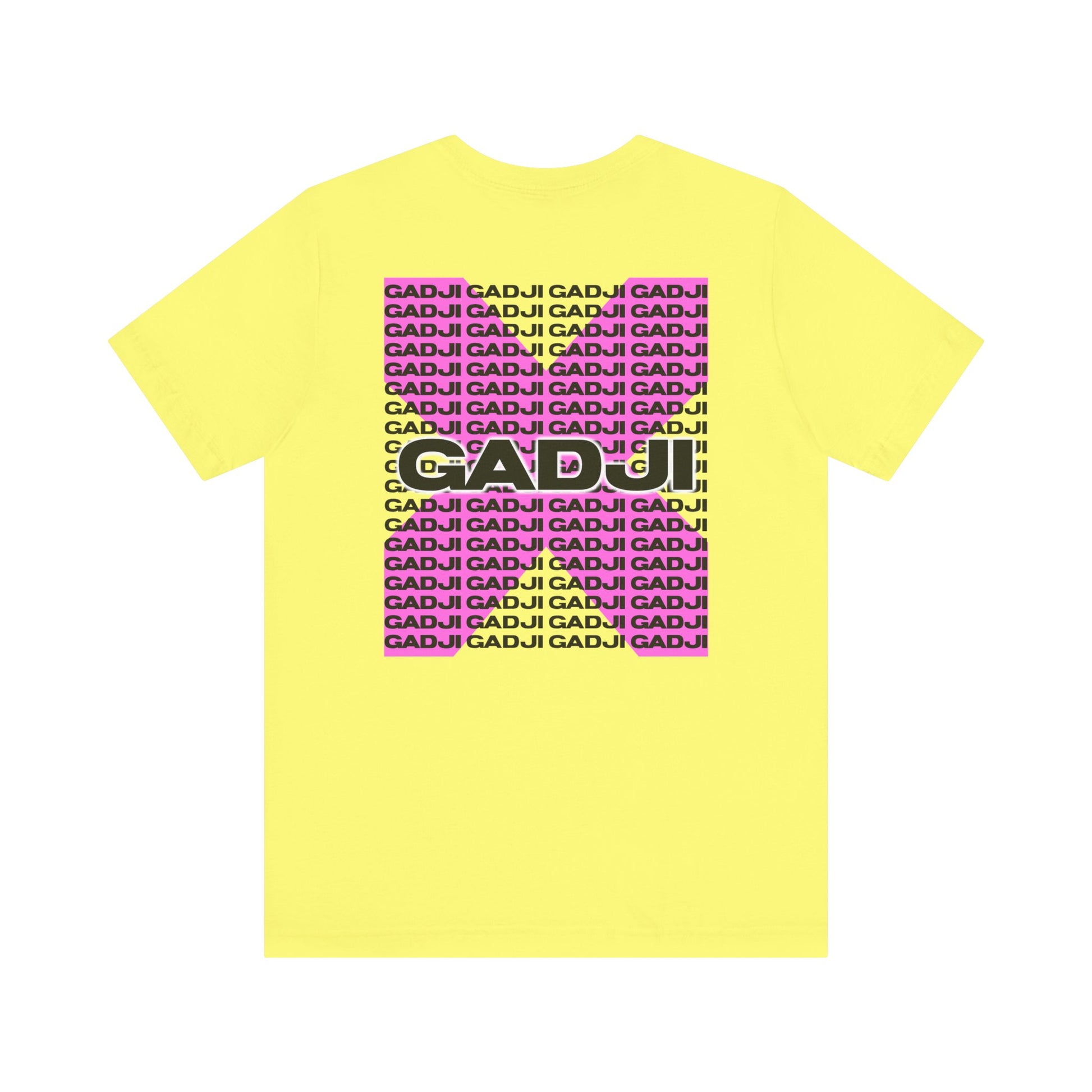 T-shirt featuring GADJI text in rough-hewn stone style with a subtle faded overlay for vintage effect.