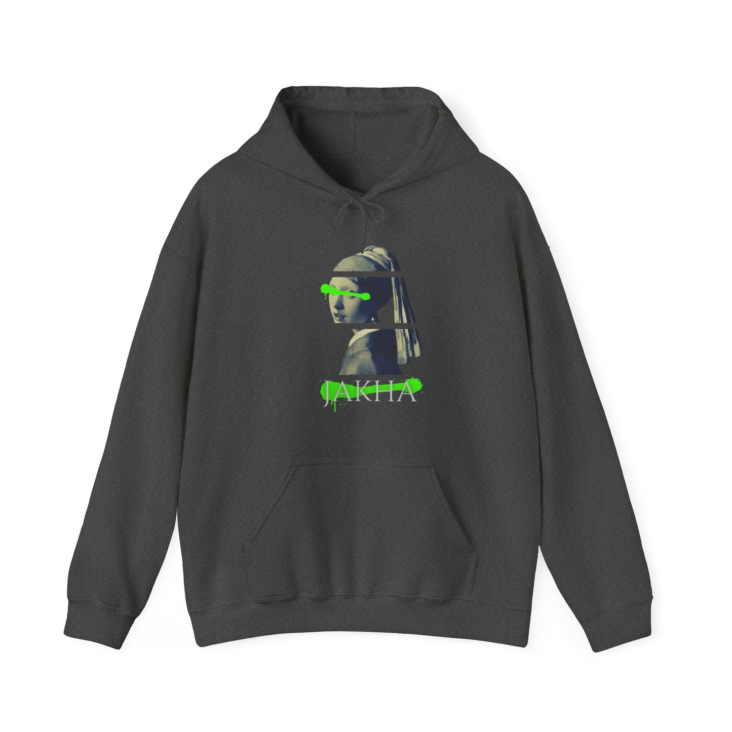 Gray hoodie with a graphic design on a white background