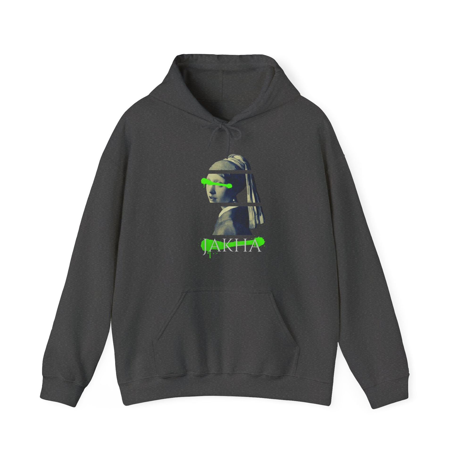 Gray hoodie with a graphic design on a white background