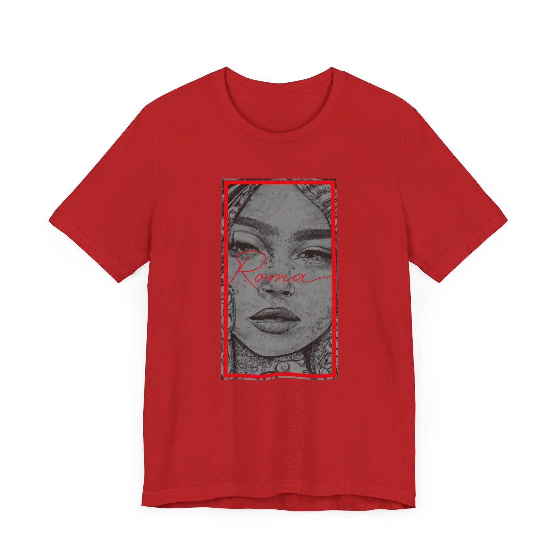 Graphic t-shirt showcasing Roma statue with large 'ATTENTION' text behind and smaller 'Roma' text underneath the statue.