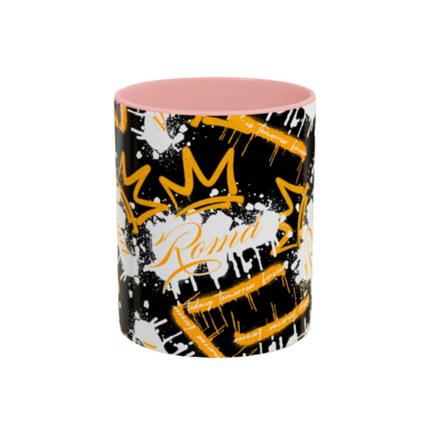 White mug featuring ROMA text in sharp, clean sans-serif font.
