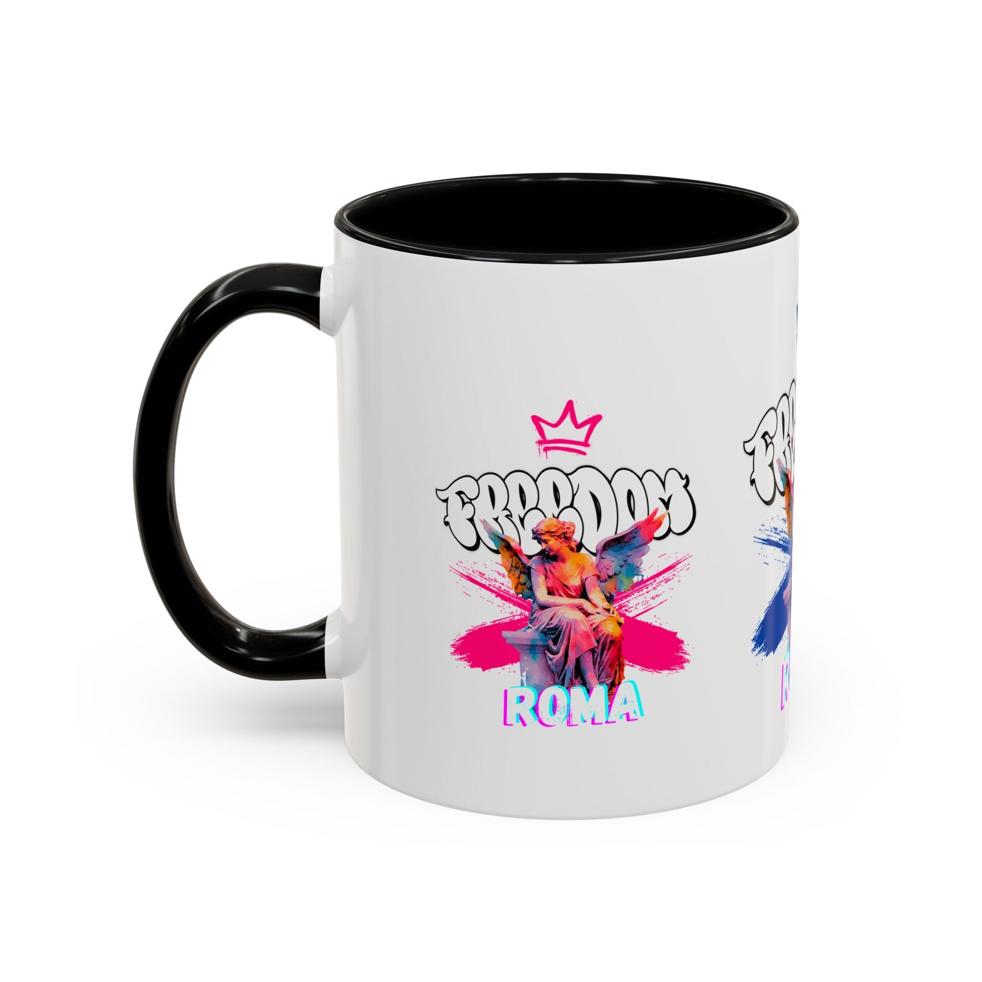 White ceramic mug with sleek black handle and rim, decorated with pink crowned angel and subtle ROMA lettering.