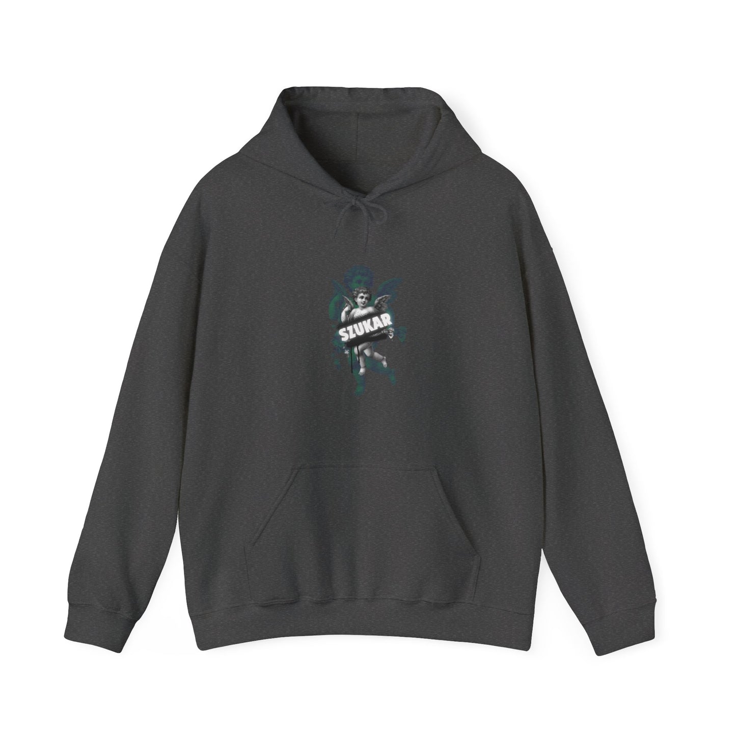 Urban-inspired hoodie featuring spiritual angel art and centered SZUKAR print.