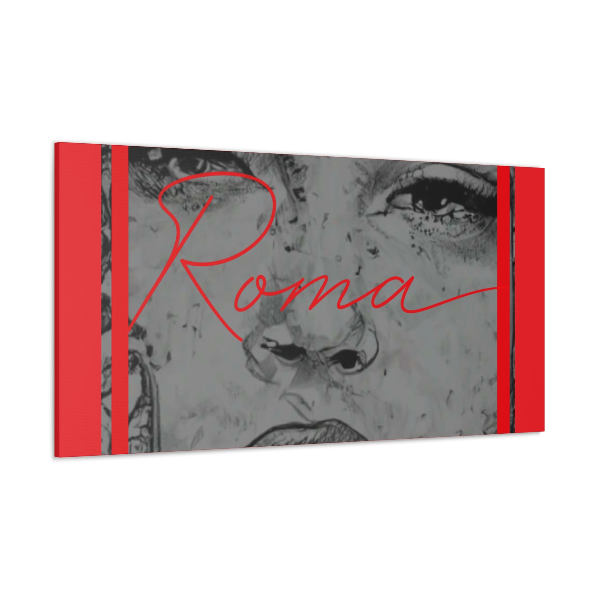 Canvas wall art showing a close-up of a reflective girl with misty eyes and stylized ROMA text.