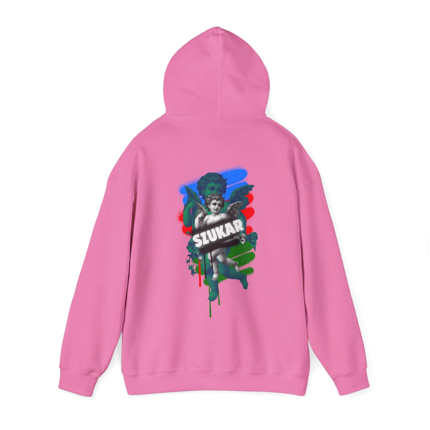 Minimalist PINK hoodie with white SZUKAR ROMA print and angel motif