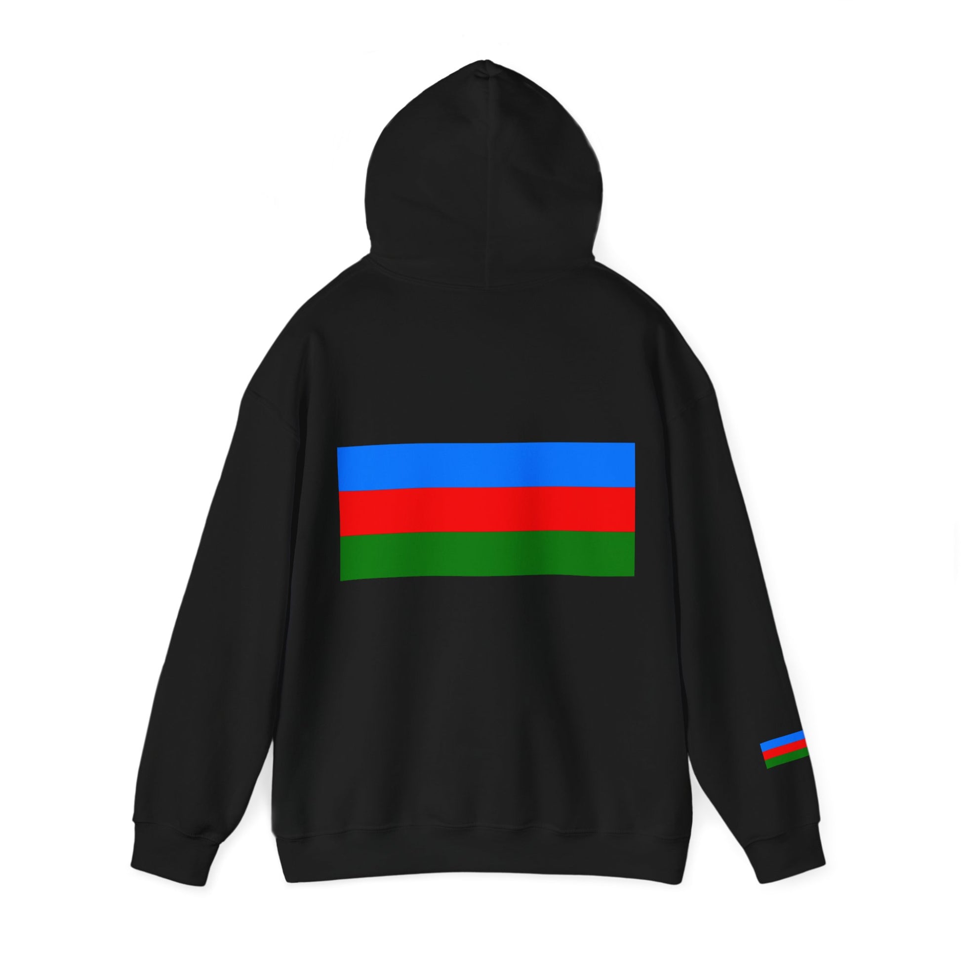 Soft hoodie with Roma flag-inspired color blocks blending red, yellow, and blue tones.

