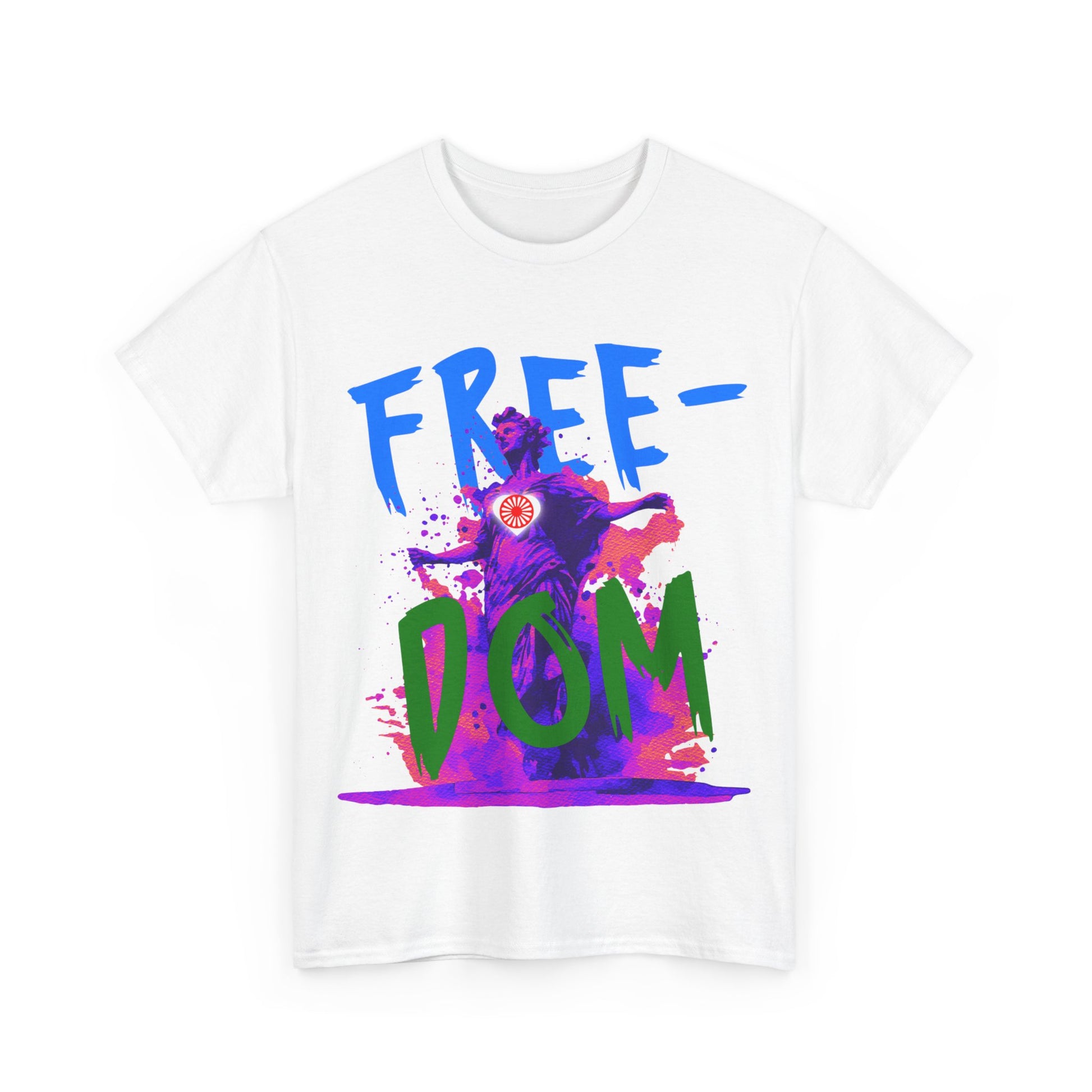 Lightweight short sleeve tee with a serene statue figure and uplifting “FREEDOM” message.
