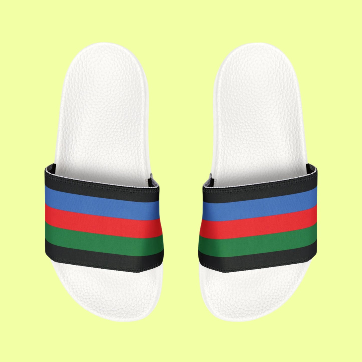 Everyday slipper infused with traditional Roma flag colors and subtle cultural nods.
