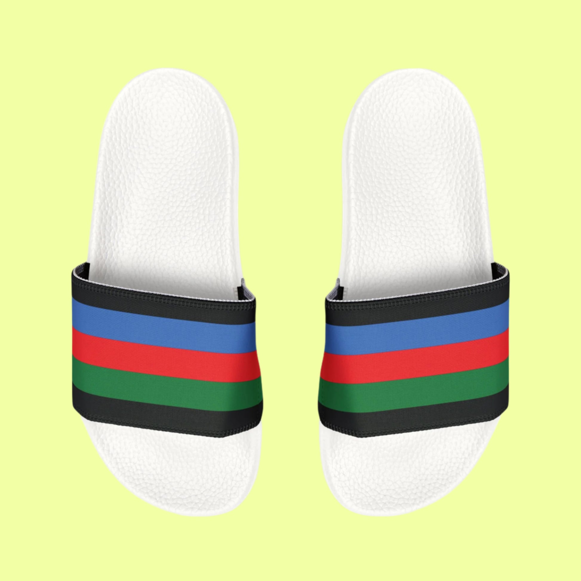 Everyday slipper infused with traditional Roma flag colors and subtle cultural nods.
