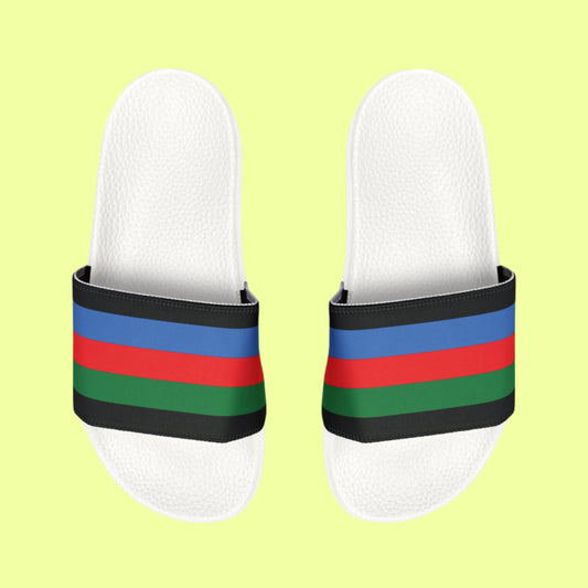 Everyday slipper infused with traditional Roma flag colors and subtle cultural nods.
