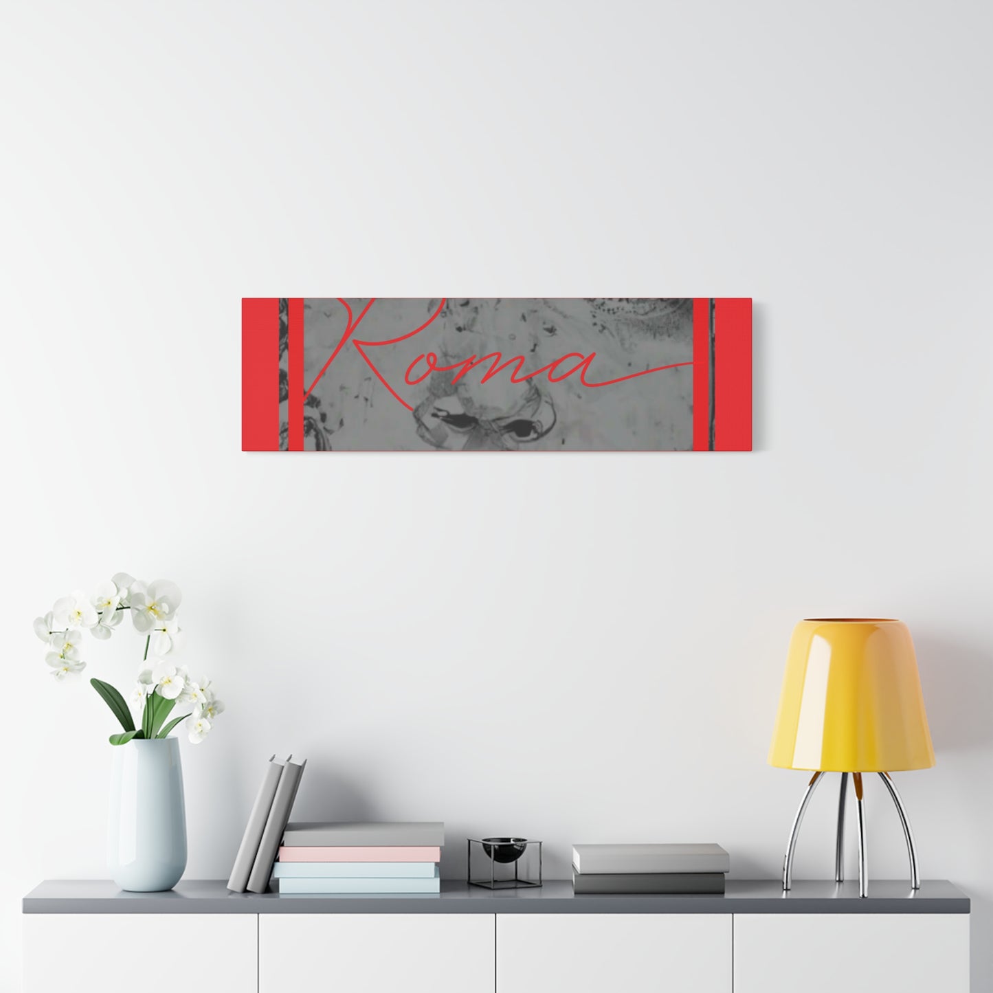Portrait-style canvas capturing the raw emotion in a girl’s eyes with the word ROMA in striking contrast.