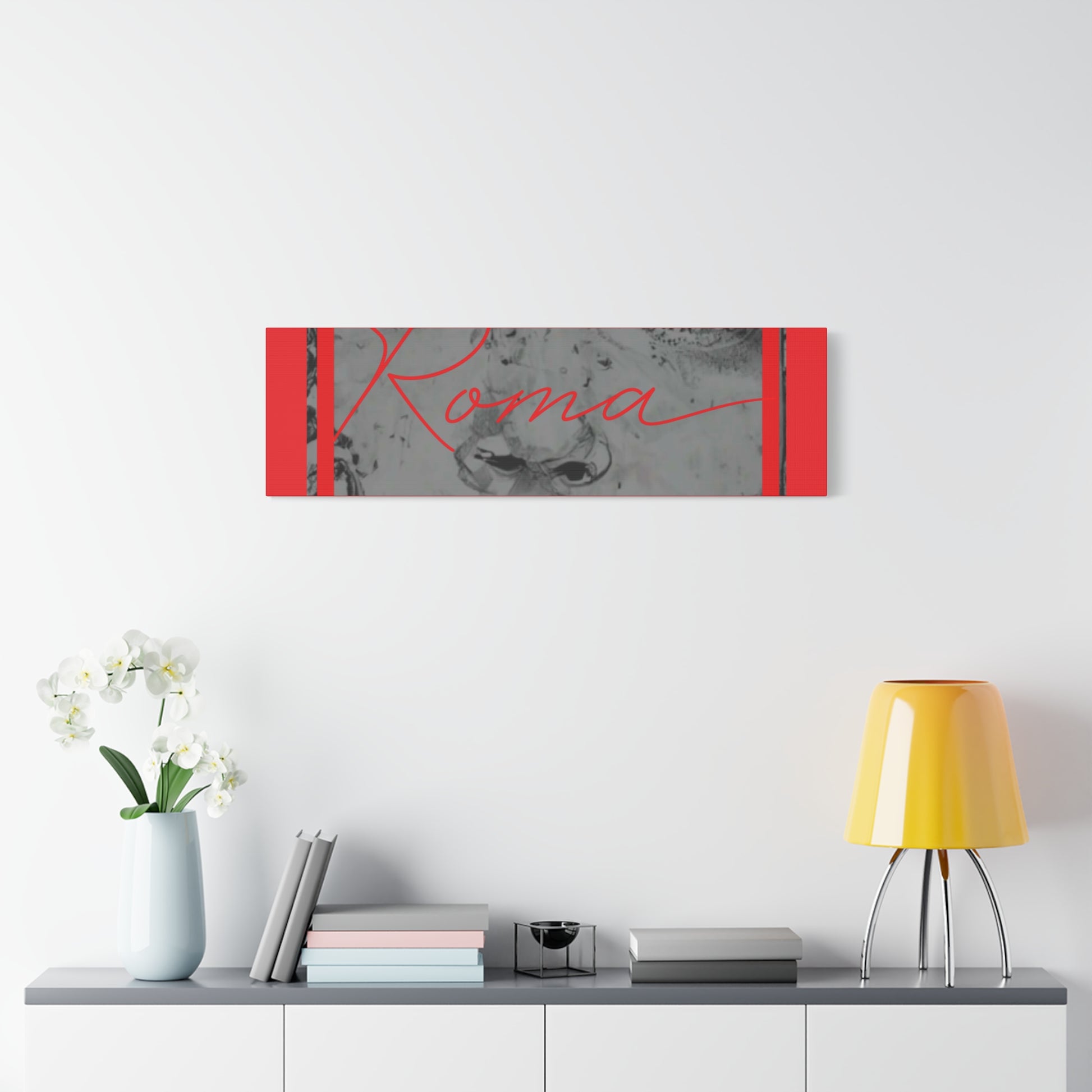 Portrait-style canvas capturing the raw emotion in a girl’s eyes with the word ROMA in striking contrast.