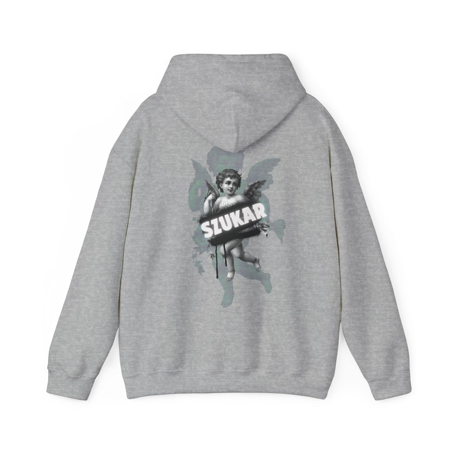 Modern hoodie with ethereal angel print and SZUKAR logo in bold font underneath.
