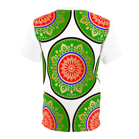 Simple yet stylish t-shirt with a Roma-themed circular design.