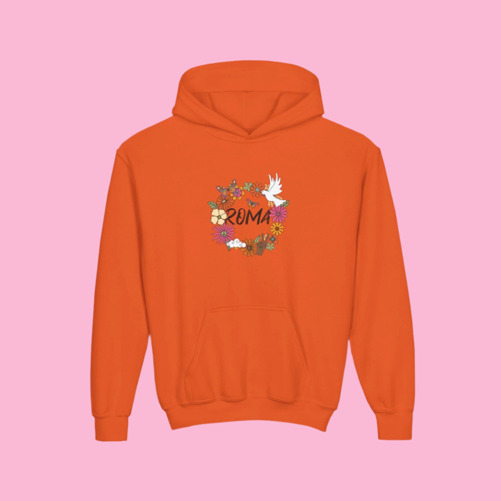 Orange hoodie for kids witjh ROMA print designs from Szukar Roma