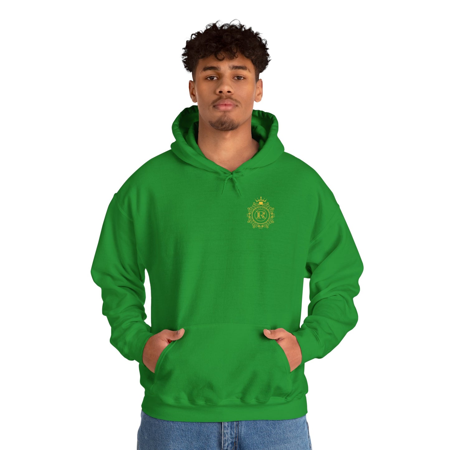 Graphic street hoodie displaying a stylized circle logo with R and SZUKAR ROMA, topped with a crown.
