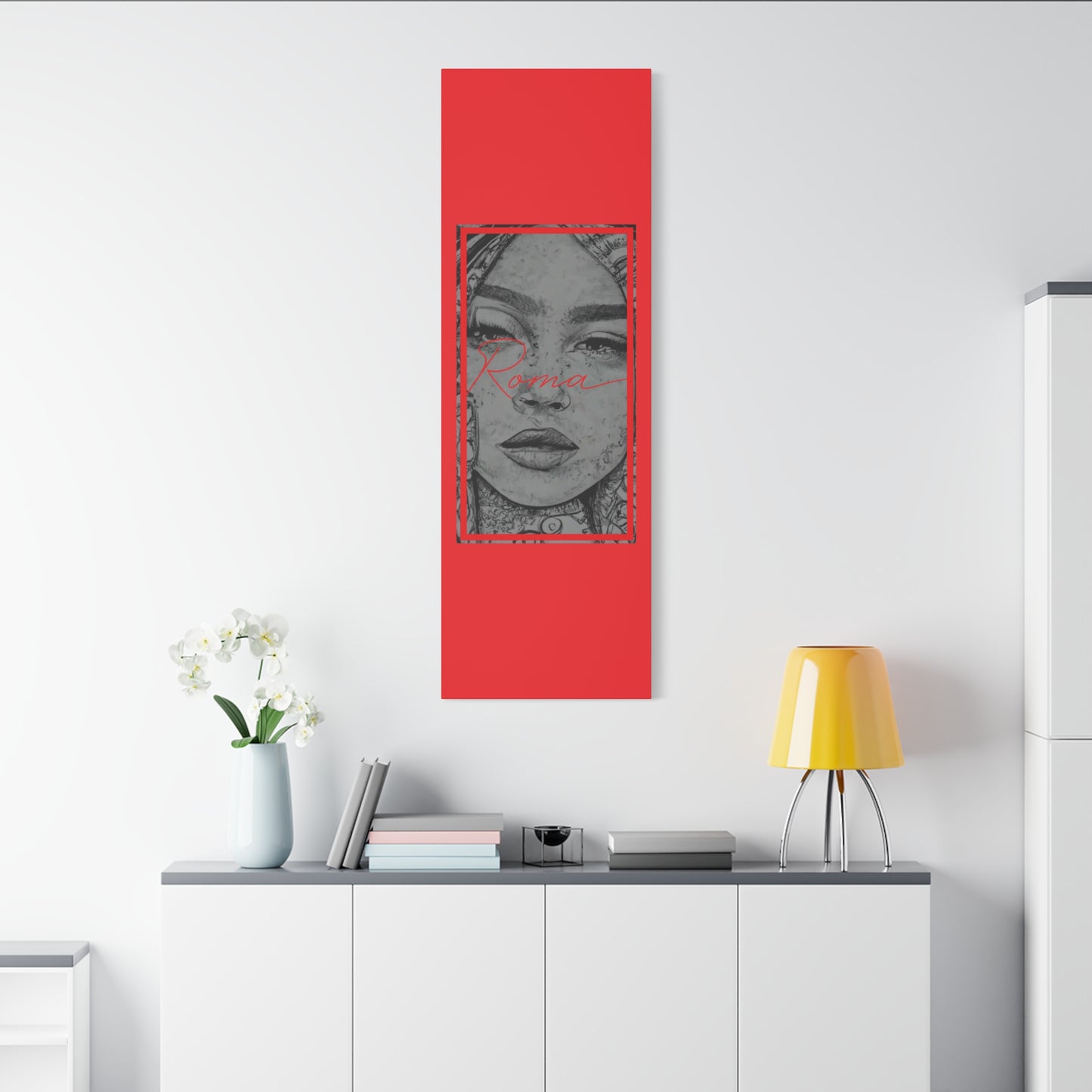 Canvas painting of a melancholic girl’s face paired with impactful ROMA typography for a modern feel.