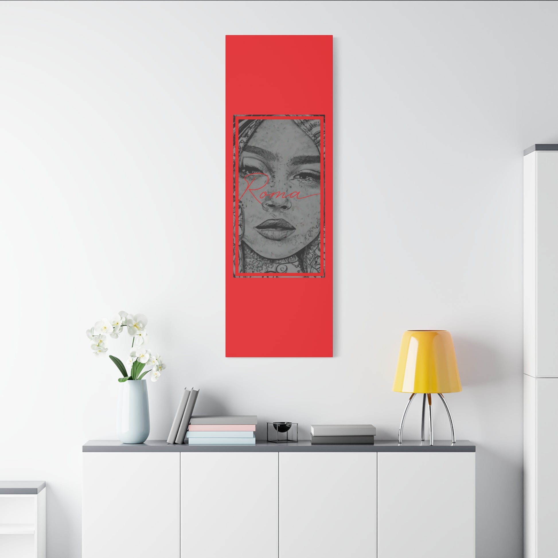 Canvas painting of a melancholic girl’s face paired with impactful ROMA typography for a modern feel.