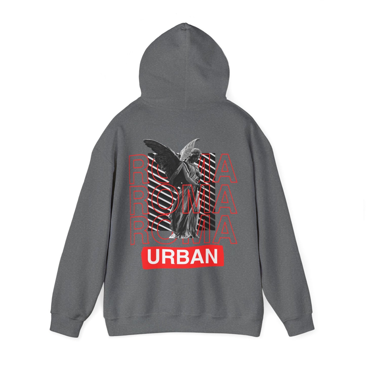 Roma-themed hoodie with statue image breaking through ROMA letters and “URBAN” written in sharp font.

