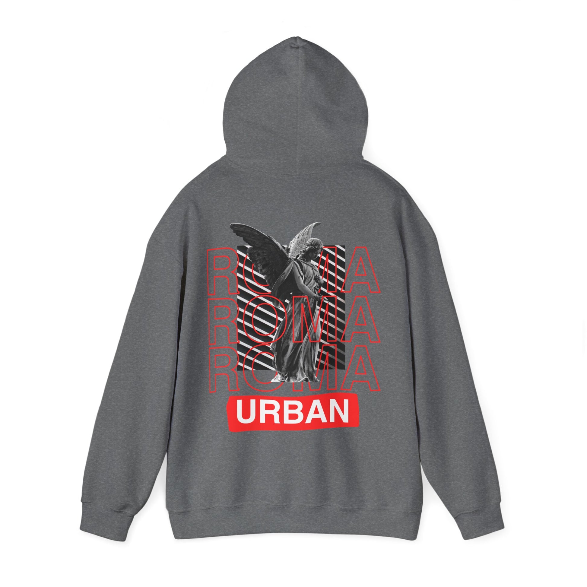 Roma-themed hoodie with statue image breaking through ROMA letters and “URBAN” written in sharp font.

