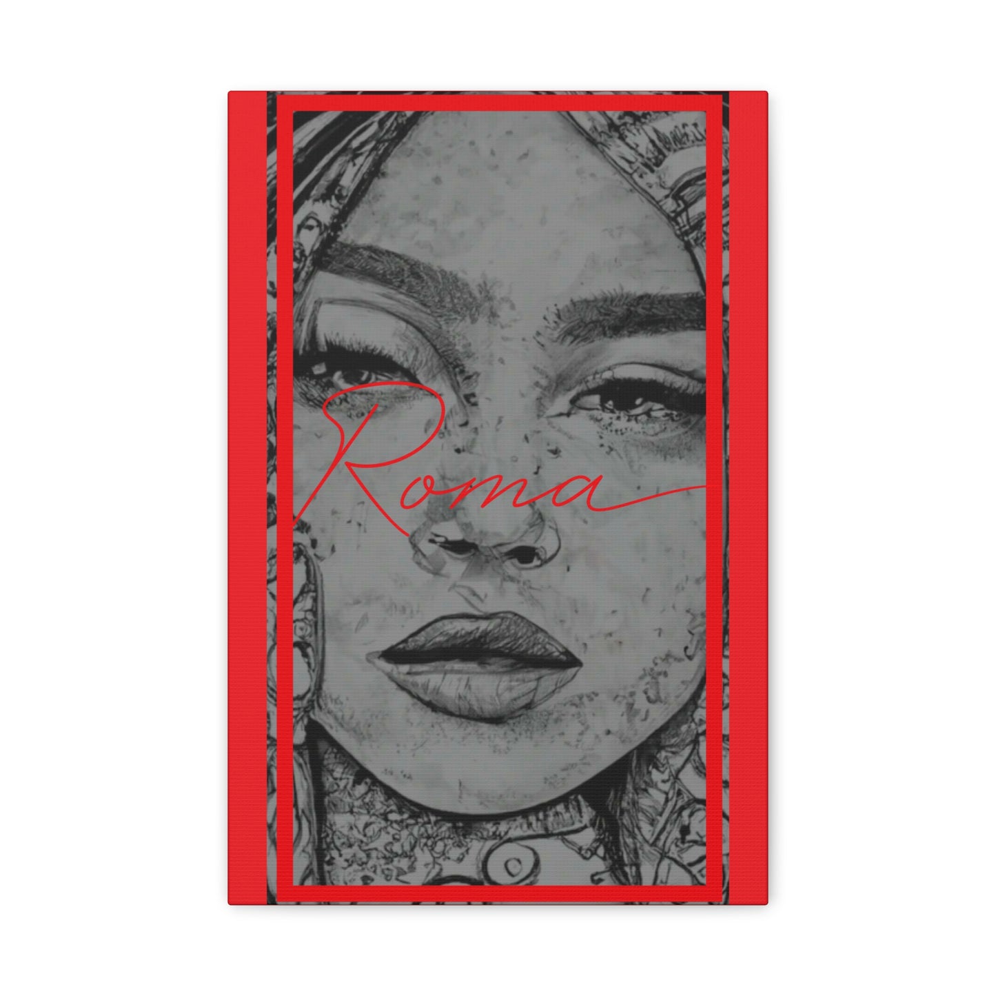 Expressive canvas capturing a girl’s vulnerable face with tears, integrated with bold ROMA typography.