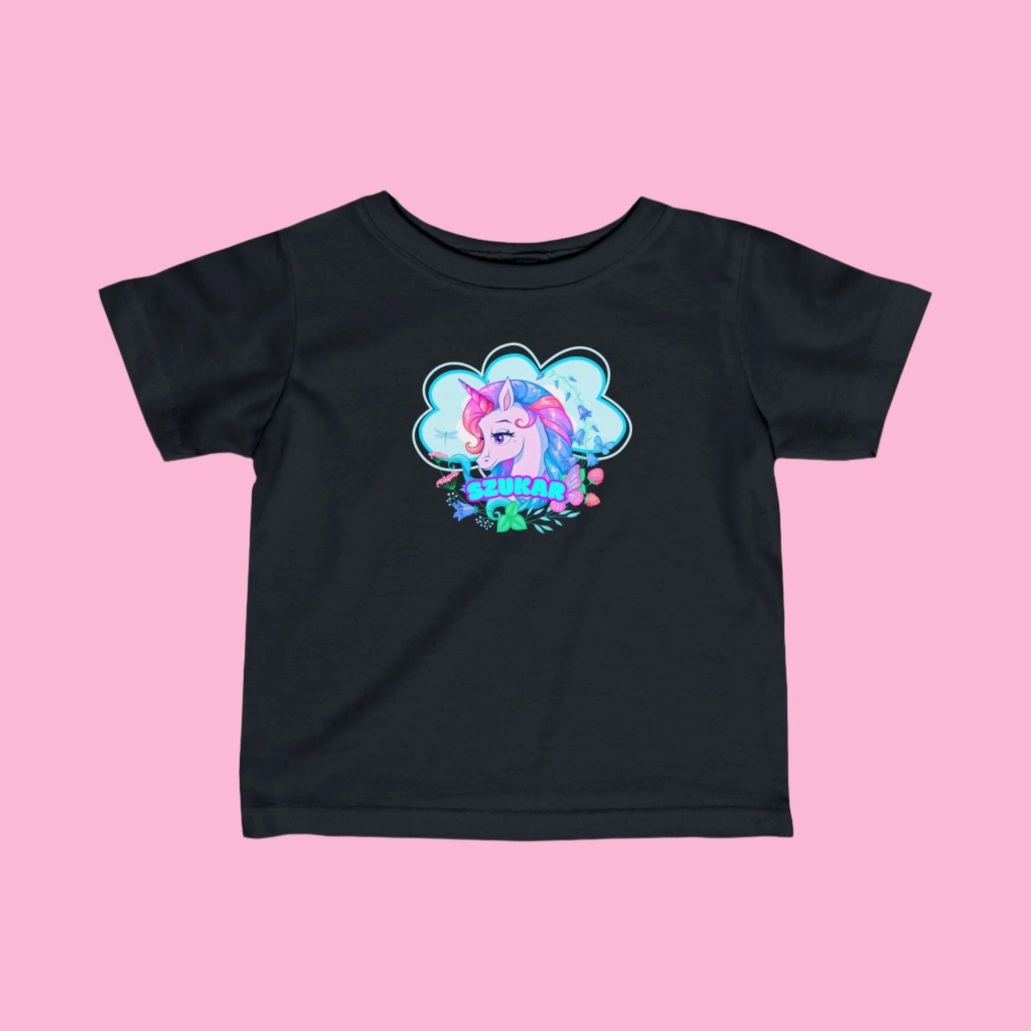 Playful kids’ t-shirt with a colorful unicorn surrounded by clouds and sparkles.