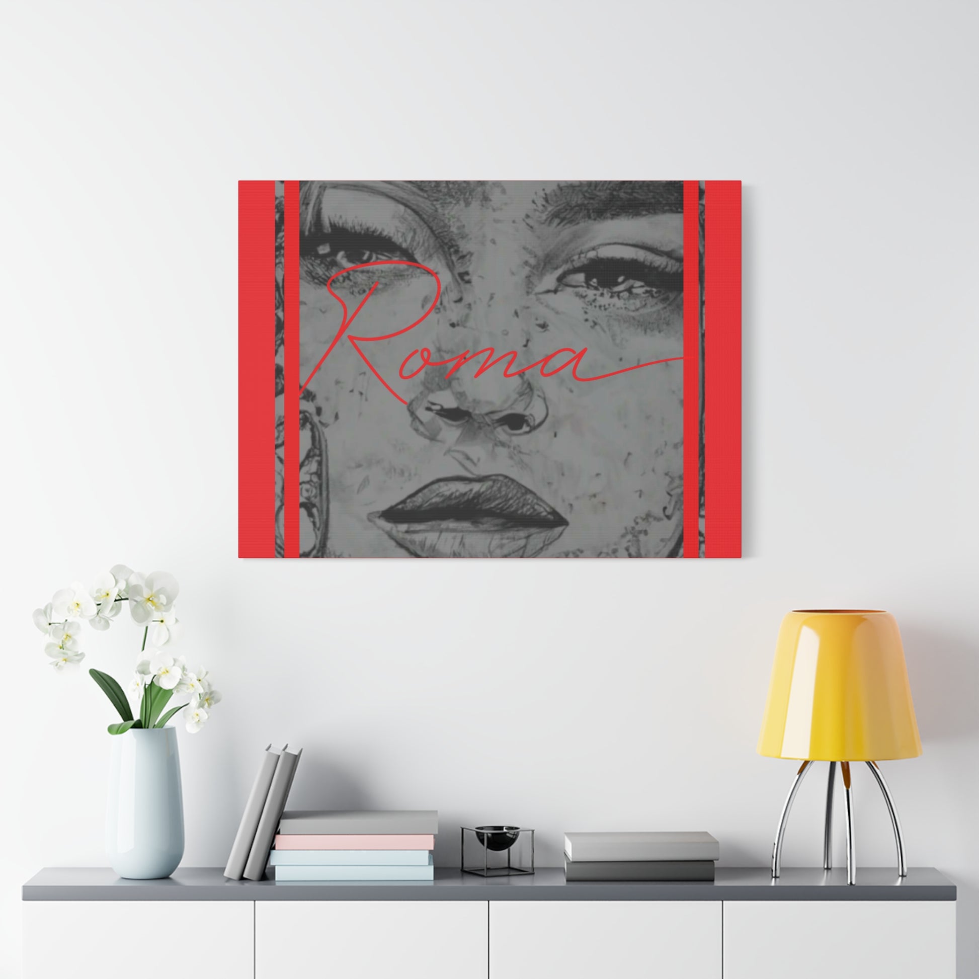 Emotional canvas artwork of a young girl’s face, eyes glistening with tears, with ROMA text overlayed.