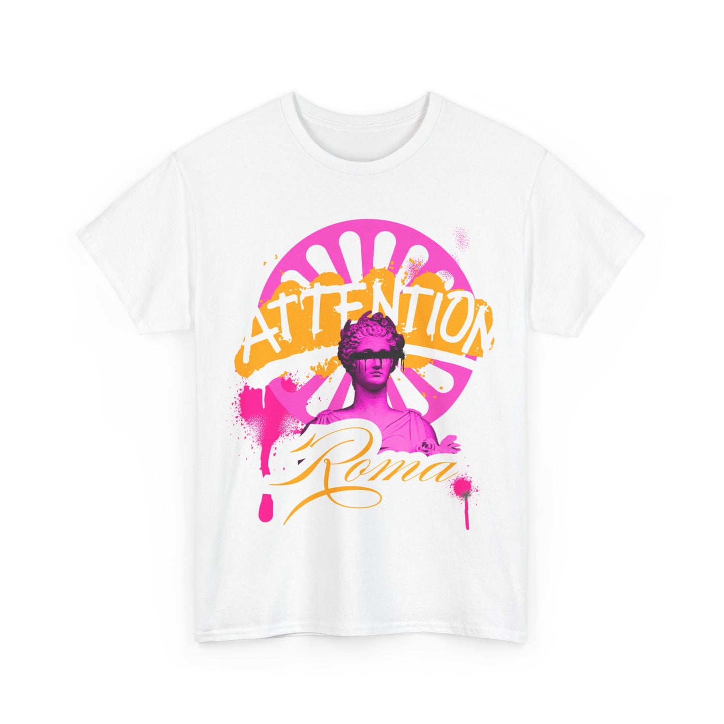Graphic tee with iconic Roma statue front print, 'ATTENTION' text behind statue, and 'Roma' text beneath.