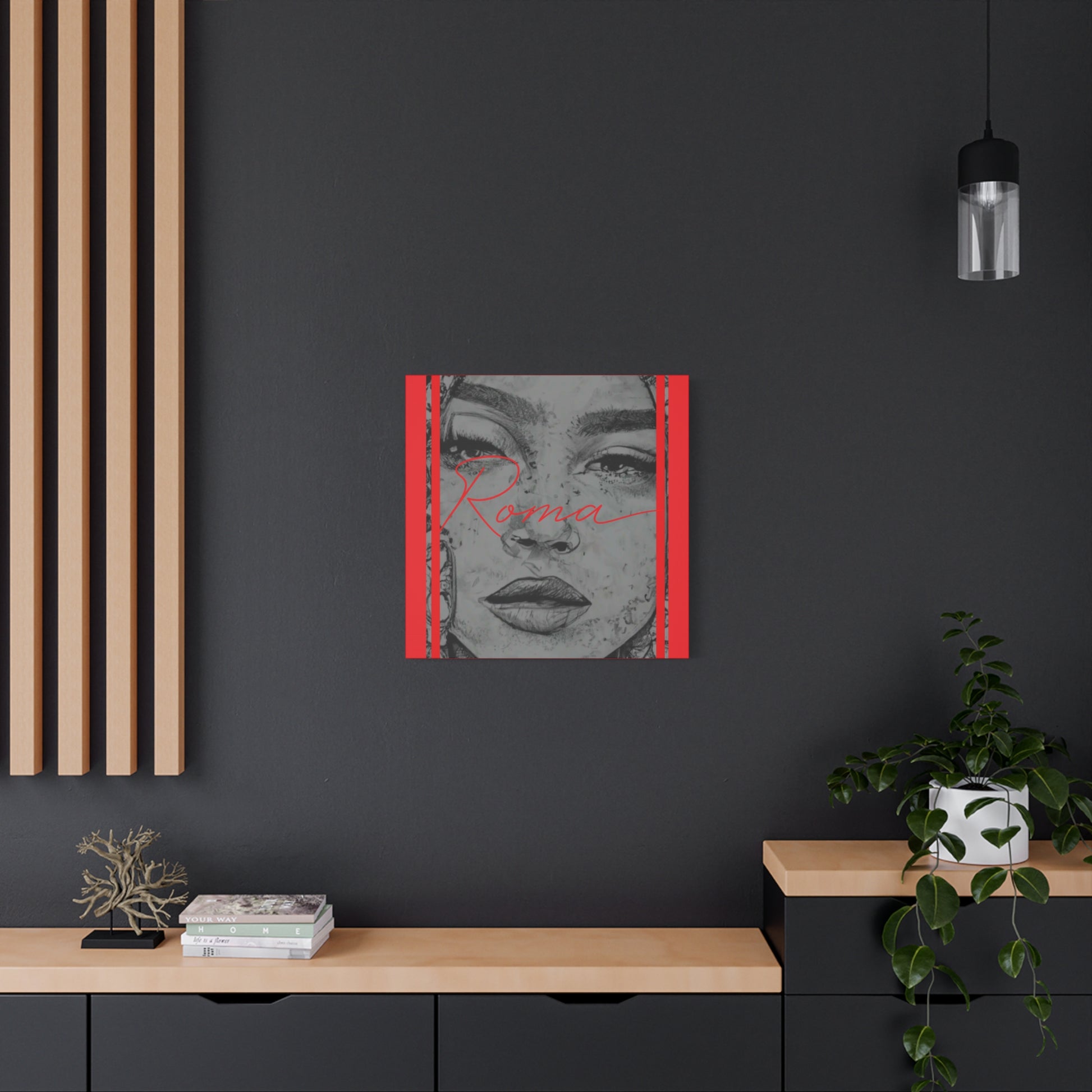 Wall-mounted canvas featuring a poignant close-up of a girl in tears, complemented by artistic ROMA lettering for a dramatic finish.