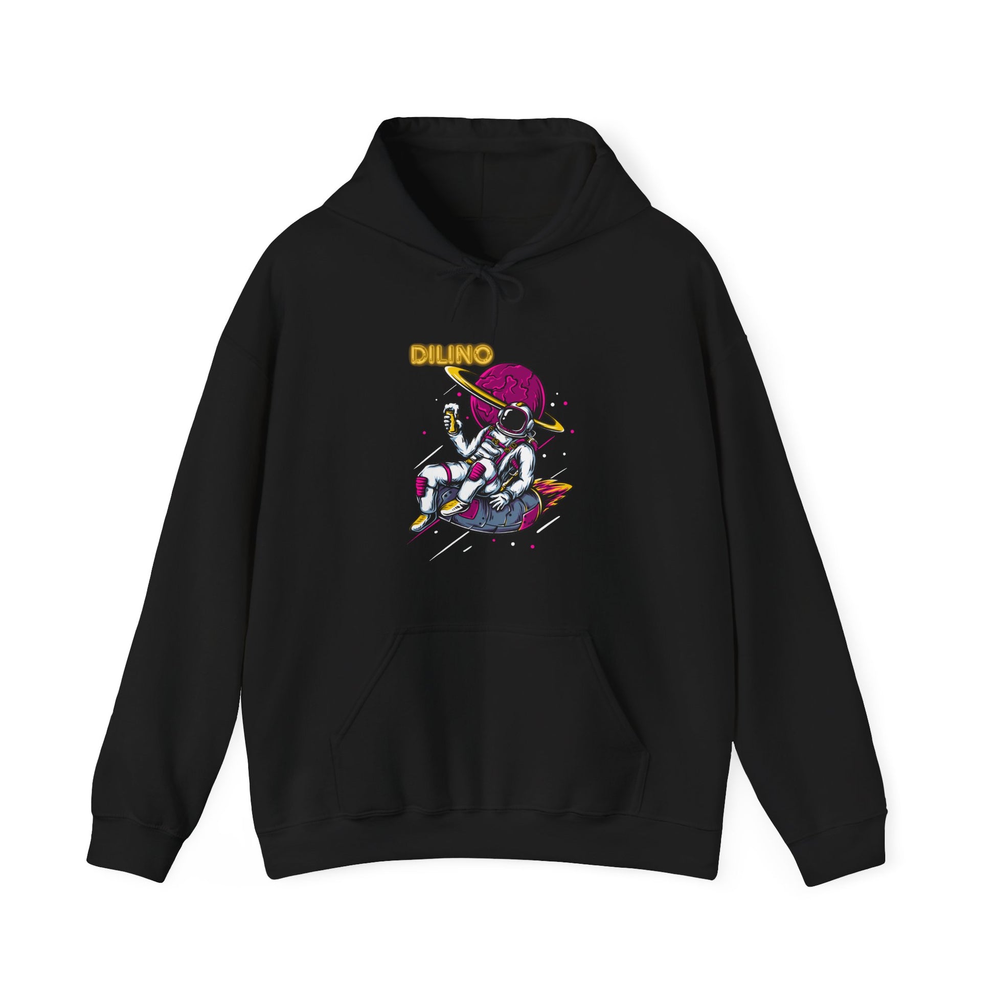 Artistic hoodie with deep-space tones—floating astronaut in front of a cratered moon, paired with stylish “DILINO” lettering.

