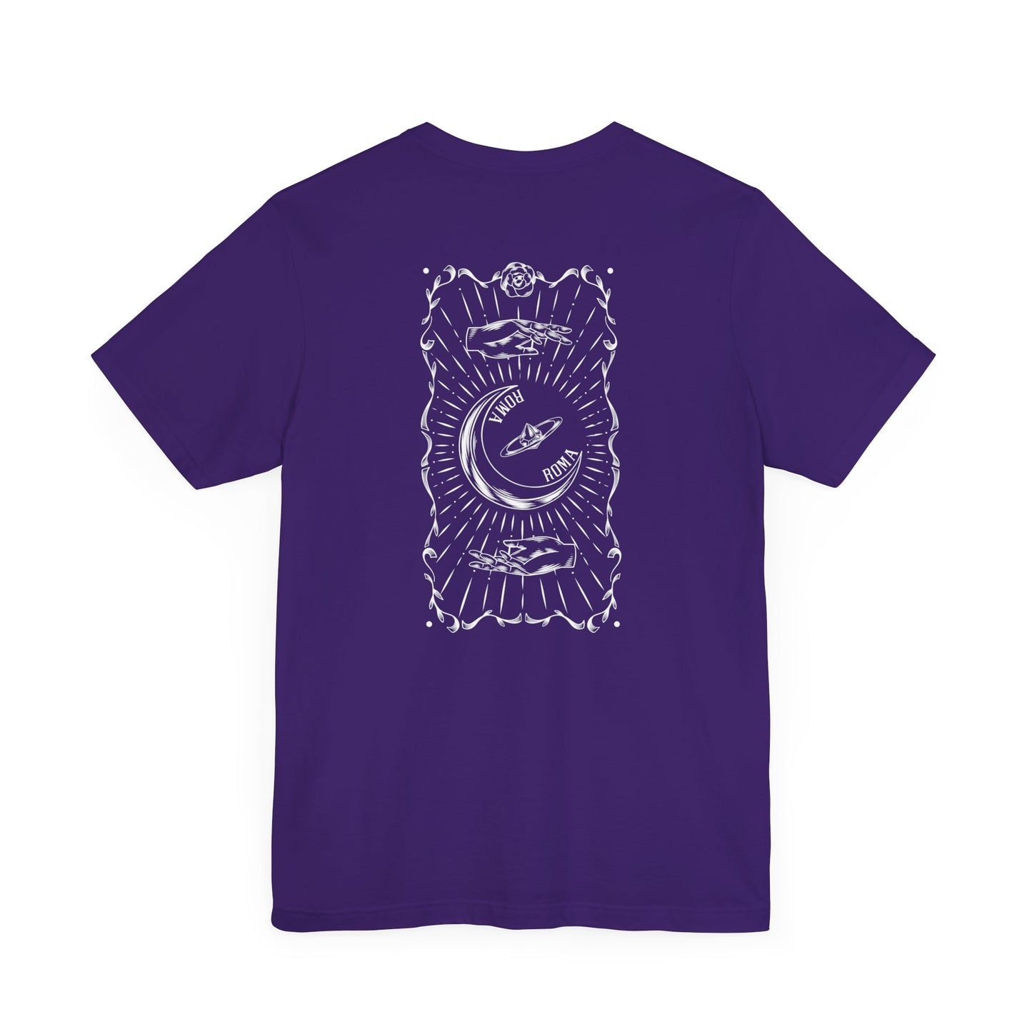 Purple T-Shirts  cotton tee with a white ROMA label and text and dreamy moon motif. 