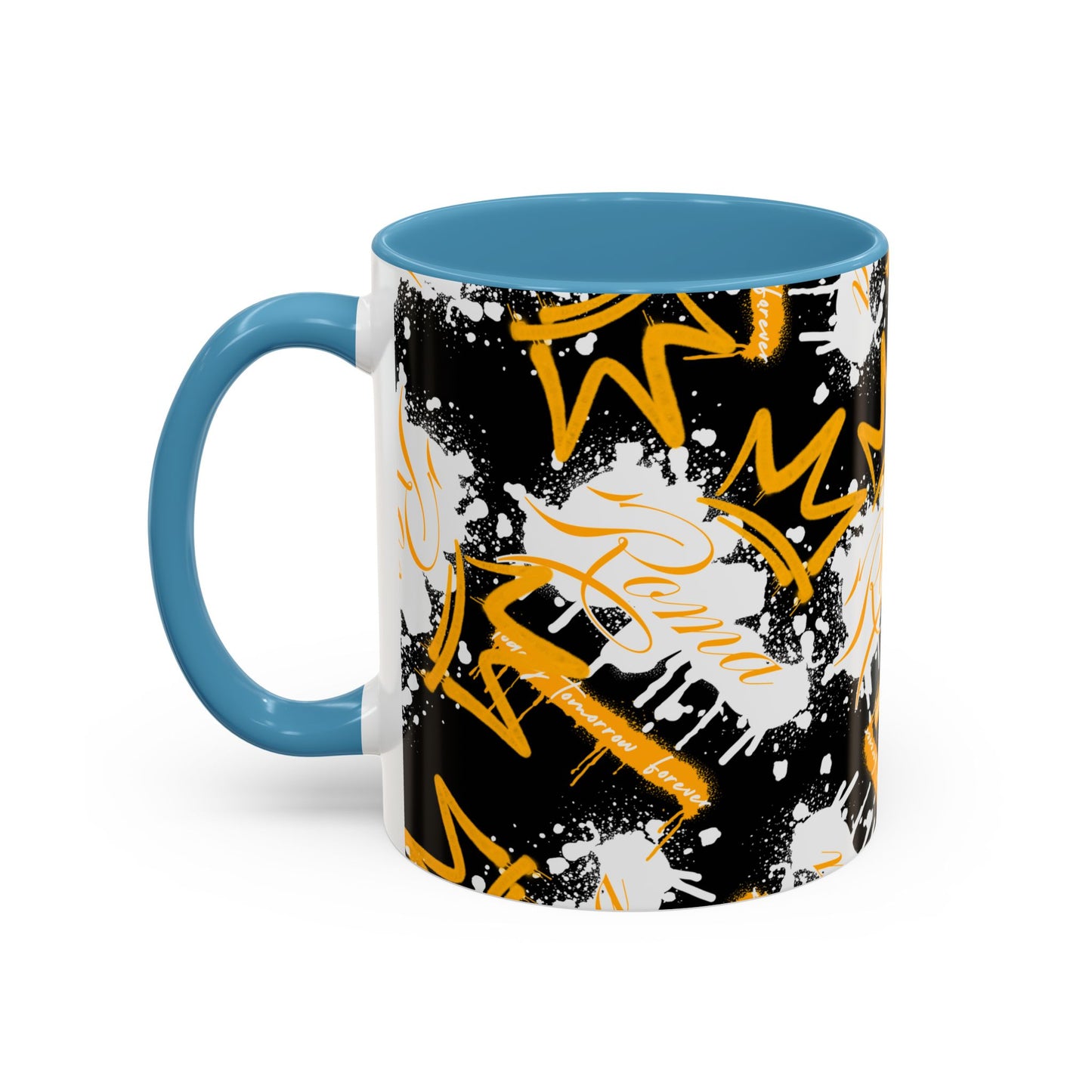 Coffee cup adorned with ROMA lettering along the side in a vertical layout.


