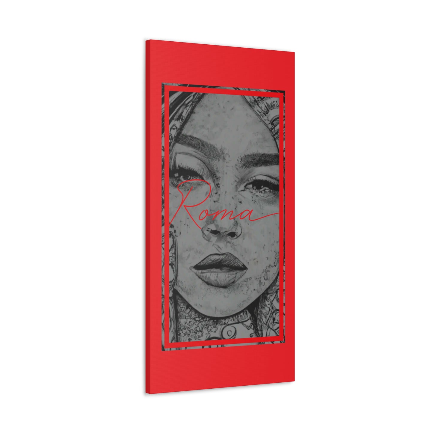 Stylized wall canvas evoking emotion through a girl’s watery eyes and a clean, modern ROMA type design.