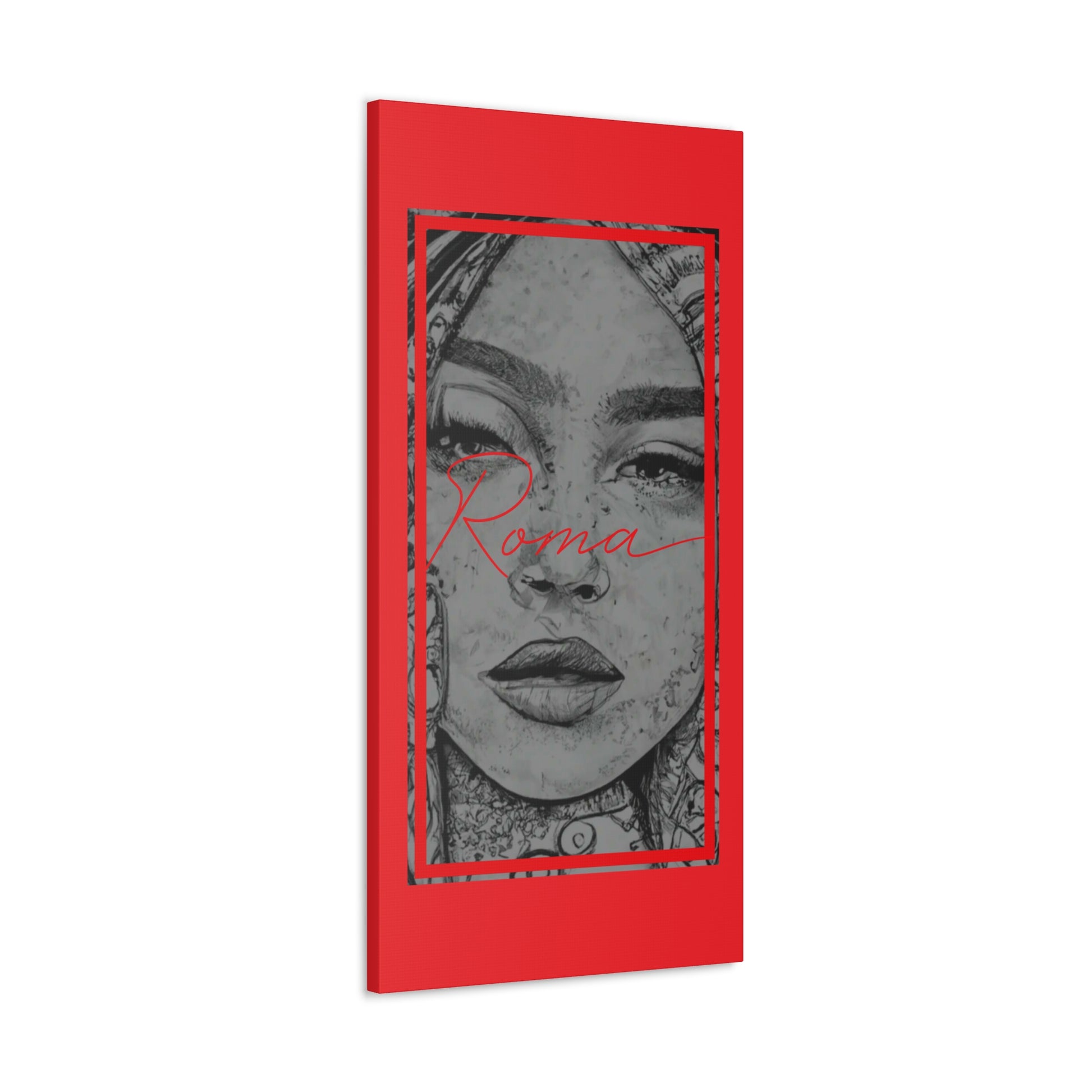 Stylized wall canvas evoking emotion through a girl’s watery eyes and a clean, modern ROMA type design.