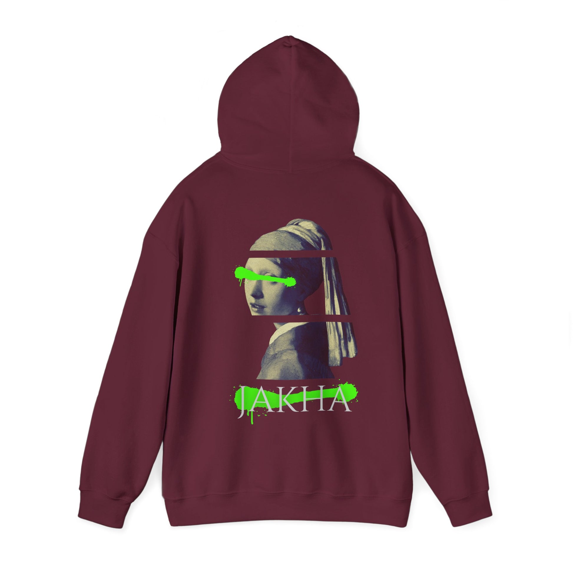 Maroon hoodie with graphic design on the back against a white background
