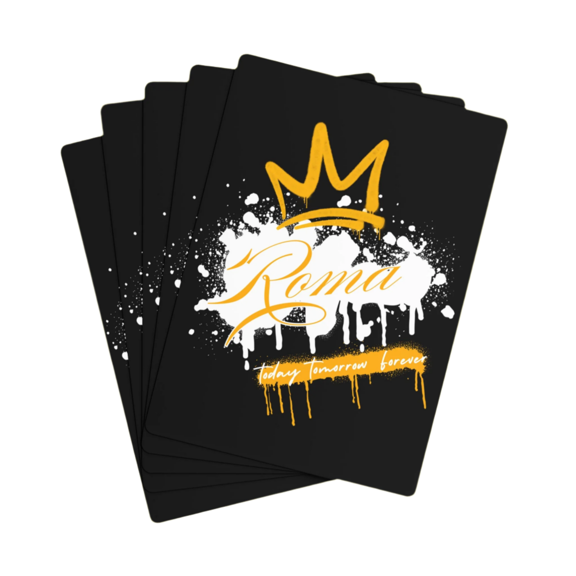Black cards with a gold and white design on a yellow background
