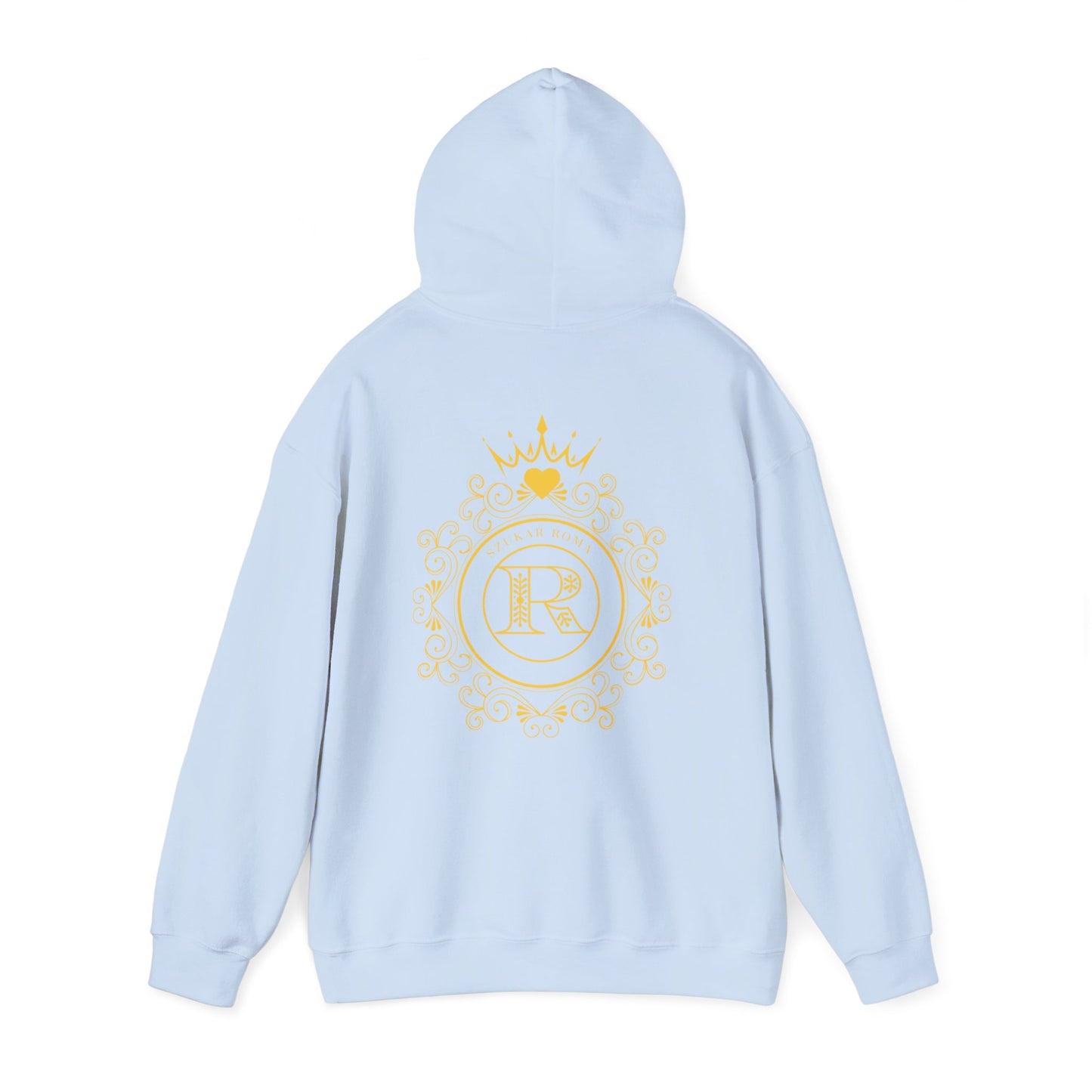 Signature hoodie adorned with SZUKAR ROMA wrapped around a powerful R monogram and crown.

