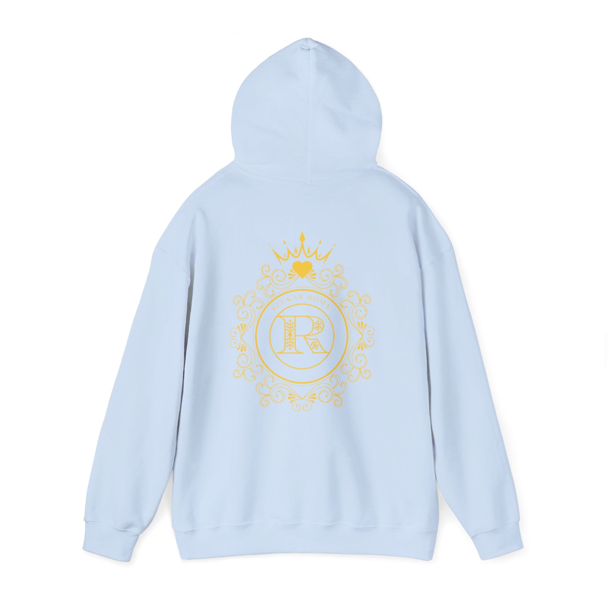 Signature hoodie adorned with SZUKAR ROMA wrapped around a powerful R monogram and crown.

