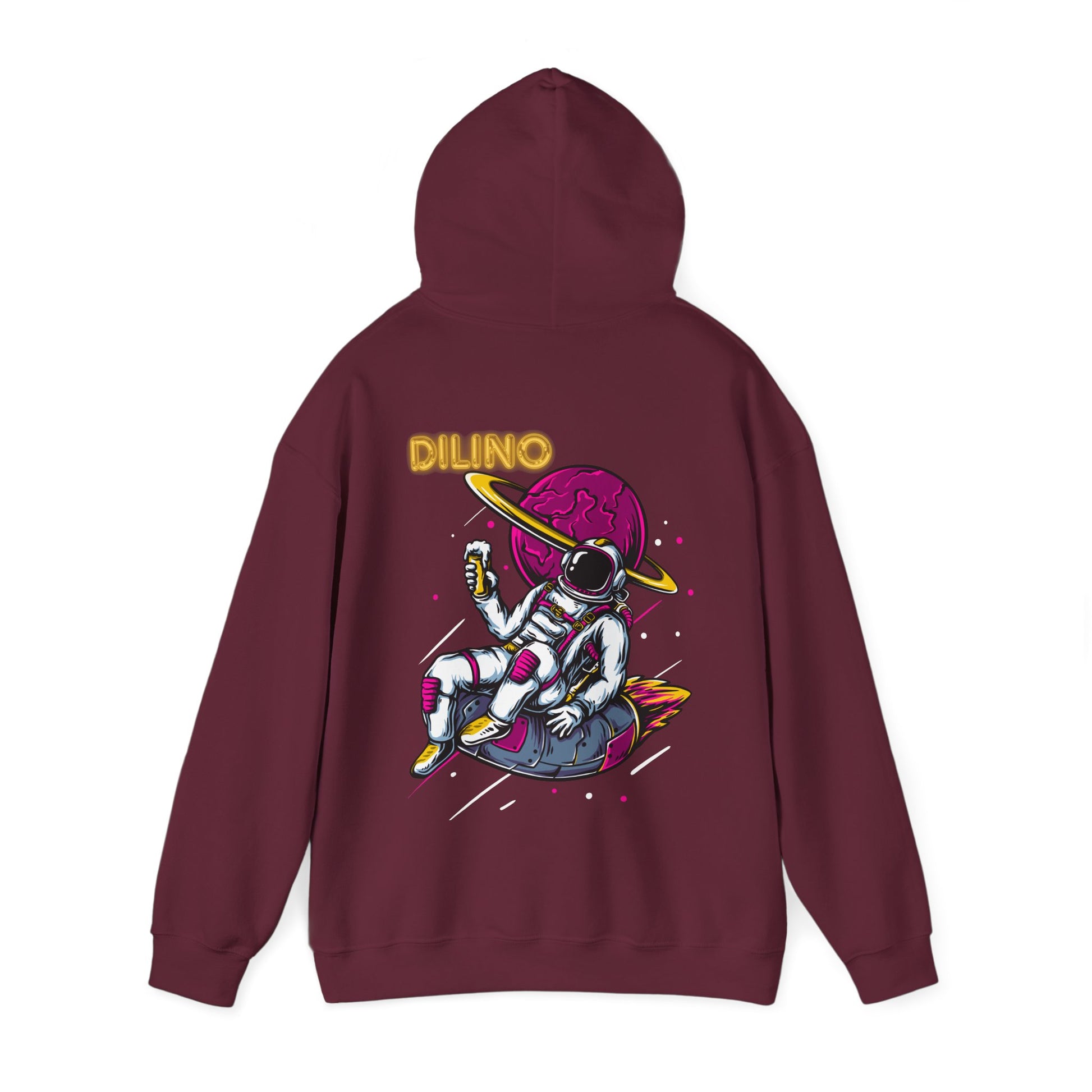 Hoodie with ethereal astronaut floating in front of a glowing moon, paired with bold “DILINO” text in a cosmic font.

